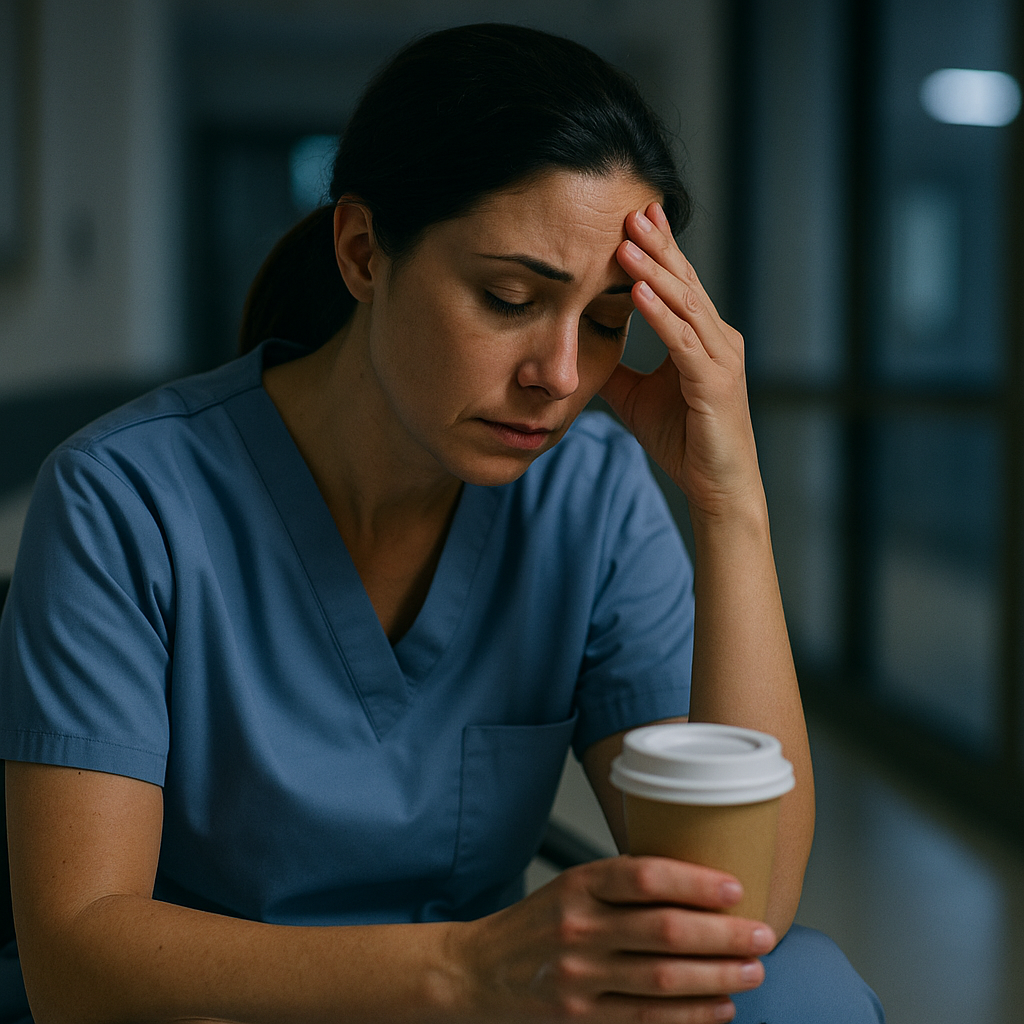Night shift nurse looking exhausted while holding coffee in a dim hospital hallway
