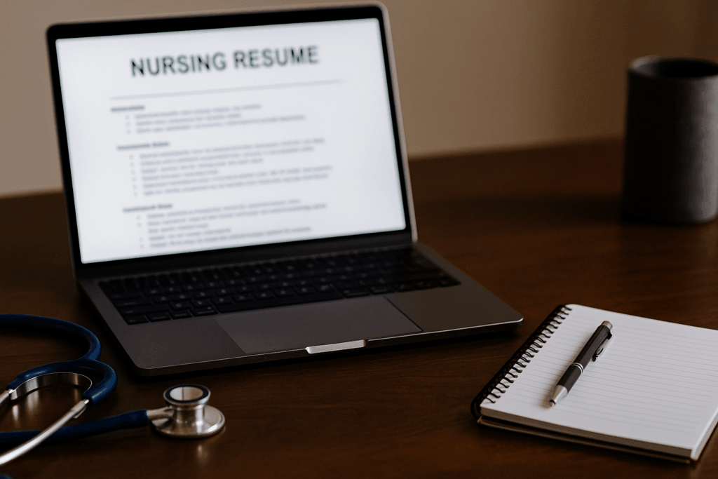Nursing resume tips on a laptop screen with stethoscope and notebook nearby