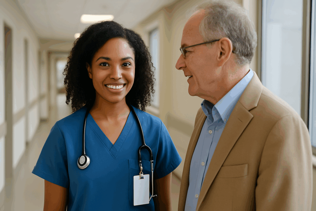 Confident nurse standing in hospital hallway receiving nursing career advice from mentor
