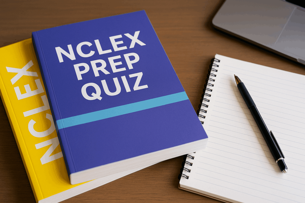 Free NCLEX quiz study materials on desk with nursing textbooks, notes, and laptop
