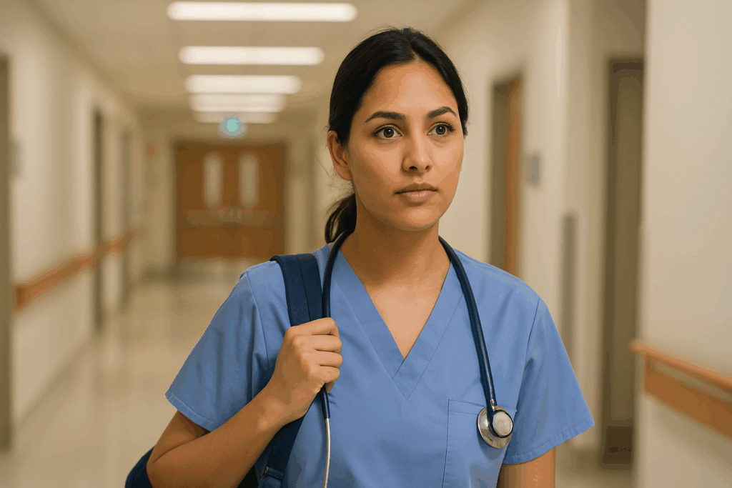 First day as a nurse entering hospital unit, holding badge with nervous smile