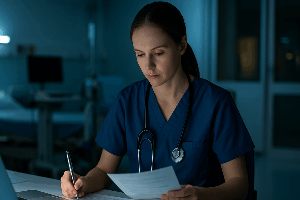 Night shift nurse reviewing patient chart under hospital lighting