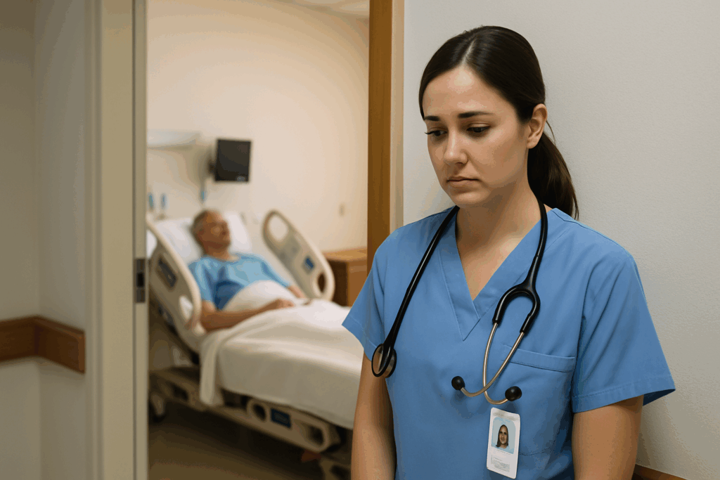 First time giving a patient bad news – nurse walking down a hospital hallway reflecting after a tough conversation