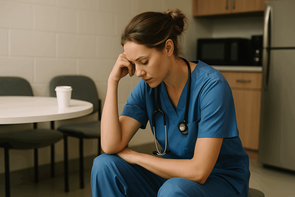 Realities of being a nurse – exhausted nurse sitting in breakroom after long shift